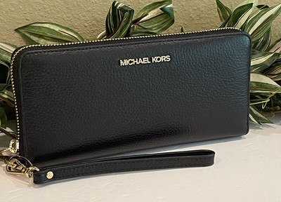 MICHAEL KORS JET SET LARGE TRAVEL CONTINENTAL CARD WALLET MK BLACK LEATHER GOLD