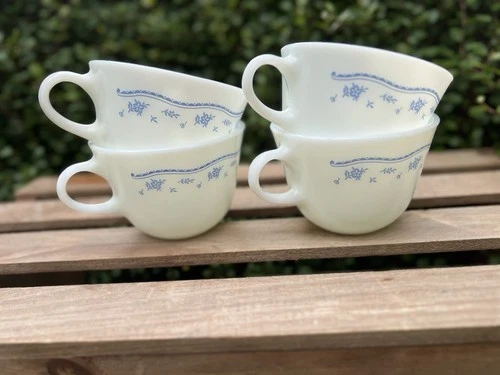 VTG PYREX Morning Blue Milk Glass Coffee Cups Set of 4 USA Microwave Safe
