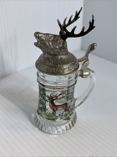 Beautiful VTG BMF Schnapskrugerl Mini Glass Stein Pewter Stag Deer Buck Lid (e)