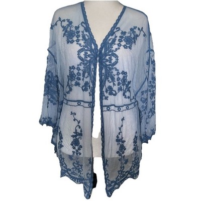 Boho Chic Embroidered Mesh Lace Duster 1X Romantic Blue Cover Beach Festival NWT