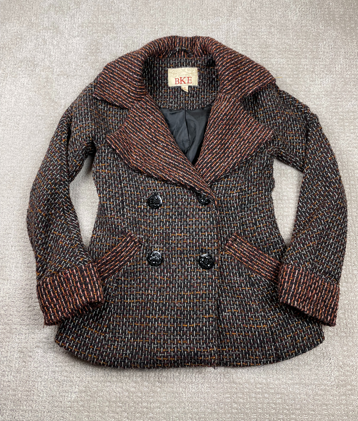 BKE Jacket Womens Medium Pea Coat Tweed Wool Blend Button Down Outerwear Buckle