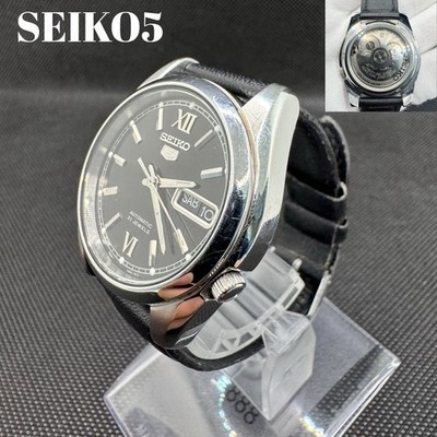 Seiko 5 21J Automatic Skeleton Day-Date Leather Watch Black From Japan