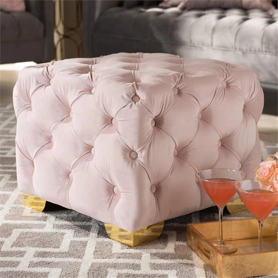 Baxton Studio Avara Modern Tufted Velvet Ottoman in Light Pink and Gold - Image 4 of 4