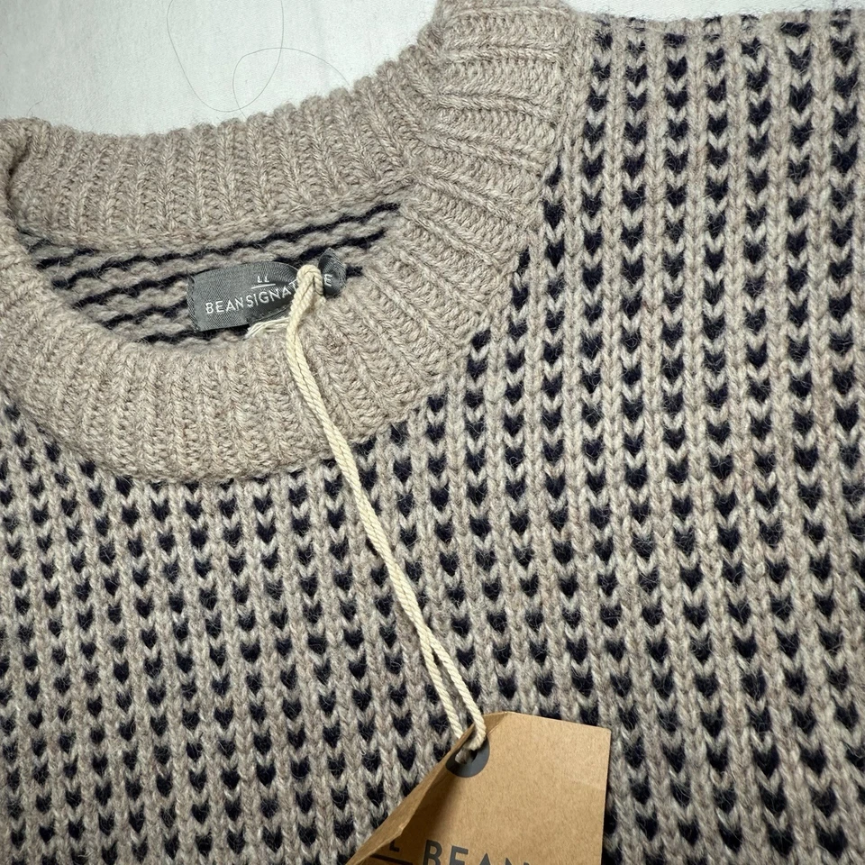 LL BEAN Signature Mens Wool Sweater Birdseye Chunky Knit Crew Neck Tan Sz L NEW - Image 2 of 4