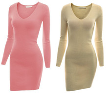 Doublju Women's Sexy V-Neck Long Sleeve Slim Knit Mini Dress, Beige XS or Pink M