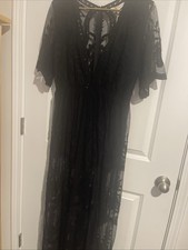 Black Lace Sheer Flowing Sz L Maxi Dress Over Shorts V Neck Side Splits 19 P2P