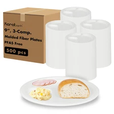 Karat Earth 3-Comp. 9'' Paper Round Plates, PFAS Free, Molded Fiber - 500 pcs