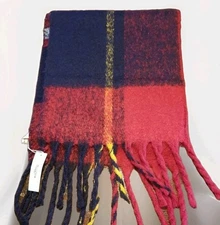 Huge Red/Blue Plaid Warm Scarf/Shawl RUGGINE ~ Acrylic 6' Long x 17" Wide NWT