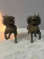 2 Pcs Old Chinese Bronze Gilt Feng Shui Kylin Dragon Unicorn Beast Statue 6 1/4"