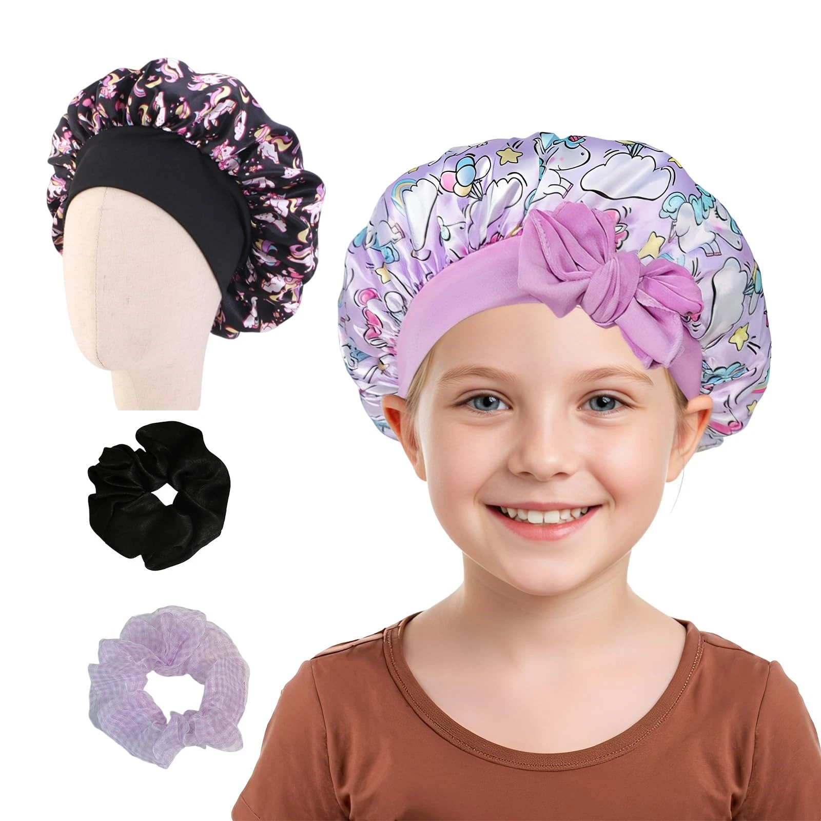 Silk Night Cap Kids Set of 2 Sleep Cap + 2 Hair Ties - Unisex Night Cap...