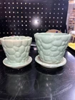Vintage Brush McCoy Mint Green Pebble Flower Pots Set Of 2 Attached Saucer