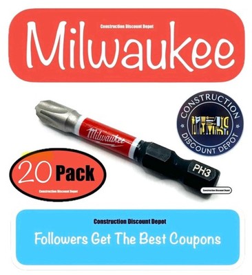 20 Pack PH3 2'' Milwaukee Shockwave Impact Drill Bit Set Phillips #3 Screw Driver