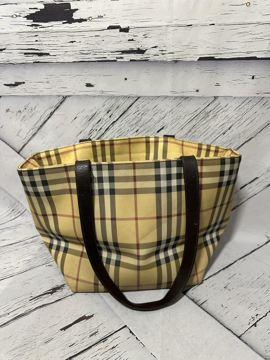 Authentic Burberry Nova Check Tote Bag Tan Plaid Canvas Vintage