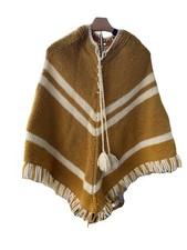 Handmade Vintage Wool Poncho W/Drawstring Opening Fringe Gold Cream Stripes