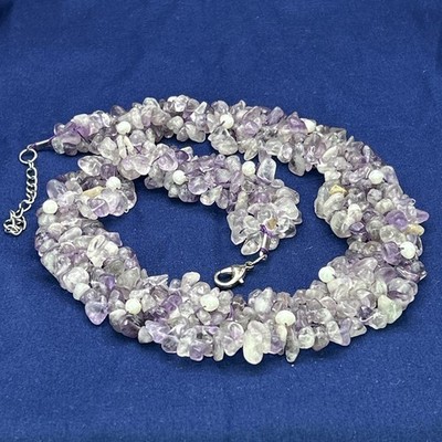 ESTATE 4 Layer Strand Genuine Amethyst Chip Stone Beads Pearl Statement Necklace