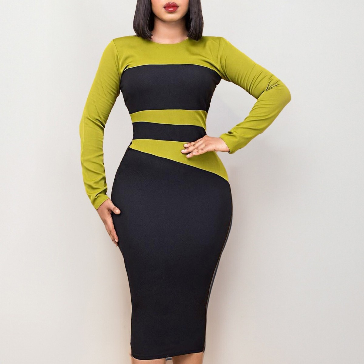 Women's Elegant Pencil Dress Solid Color Trim Bodycon Midi Dress Business Casual | eBay Women's Elegant Pencil Dress Solid Color Trim Bodycon Midi Dress Business Casual | eBay