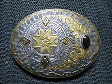 SOUTHWESTERN ABSTRACT GOLD SILVER ONXY COWBOY BELT BUCKLE VINTAGE CRUMRINE US