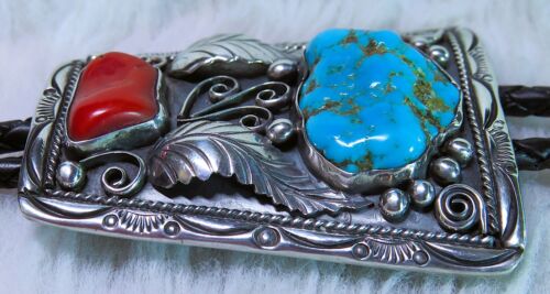 BOLD Navajo Turquoise, Red Coral Bolo tie - Picture 3 of 5