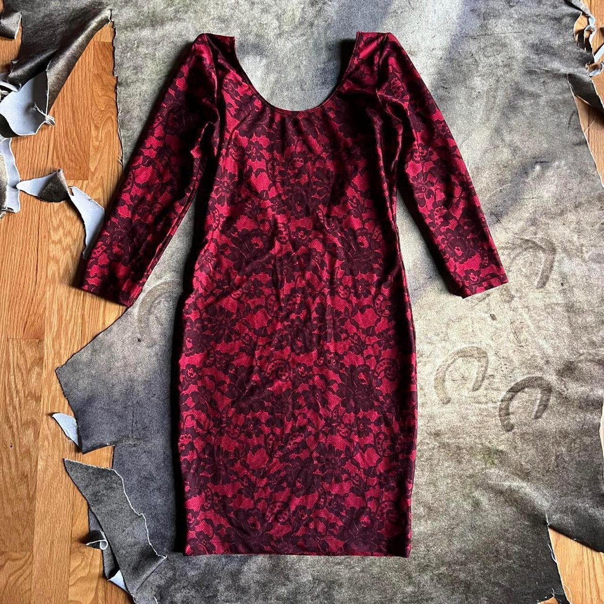 American Apparel Indie Sleaze Goth Black Red Lace Print Long Sleeve Mini Dress L American Apparel Indie Sleaze Goth Black Red Lace Print Long Sleeve Mini Dress L