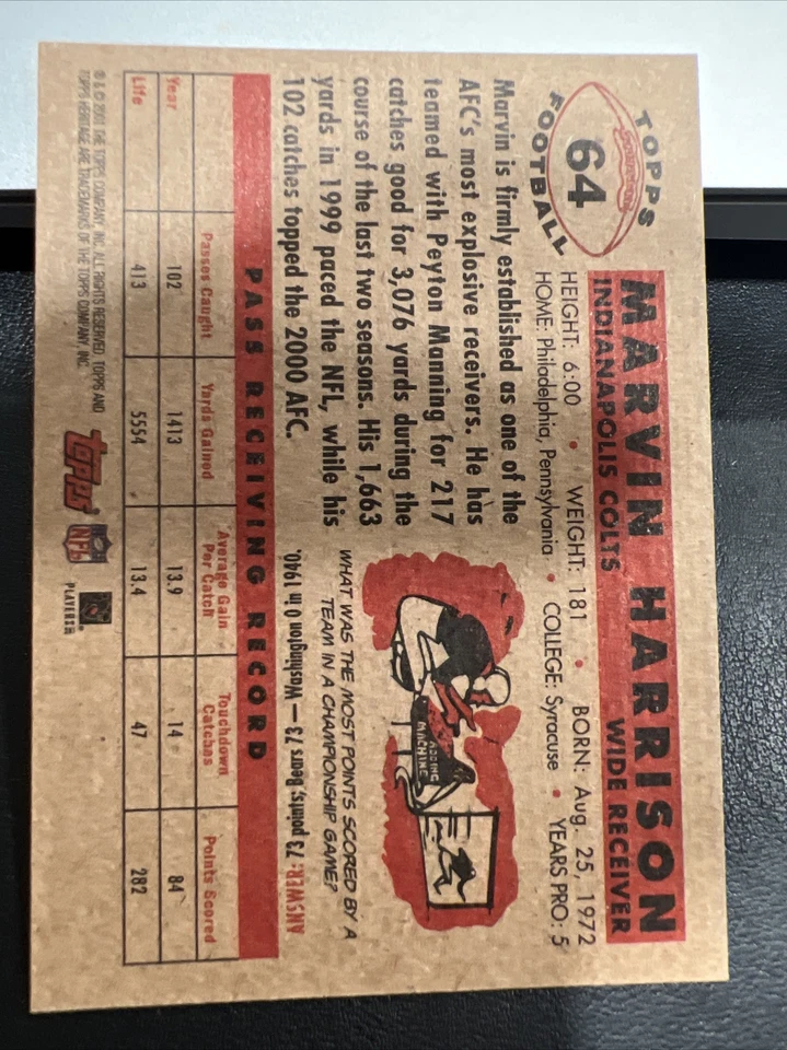 2001 TOPPS HERITAGE MARVIN HARRISON #64 Indianapolis Colts HOF - Image 2 of 2