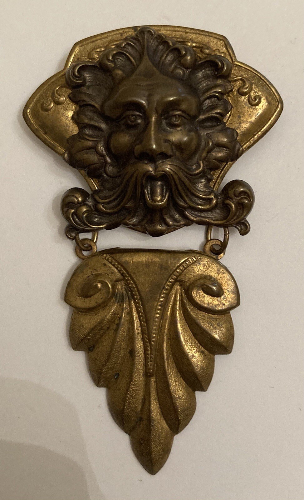 Antique Art Deco Brass Lions Head Pin/Brooch Gem