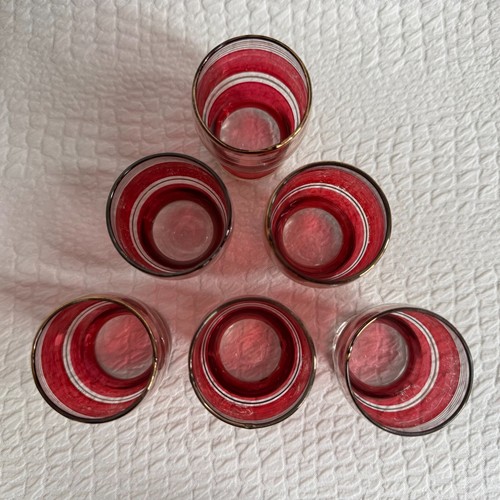 Cranberry Red & Gold Shot Liqueur Glass Set Of 6 Vintage Retro Striped MCM - Picture 3 of 9