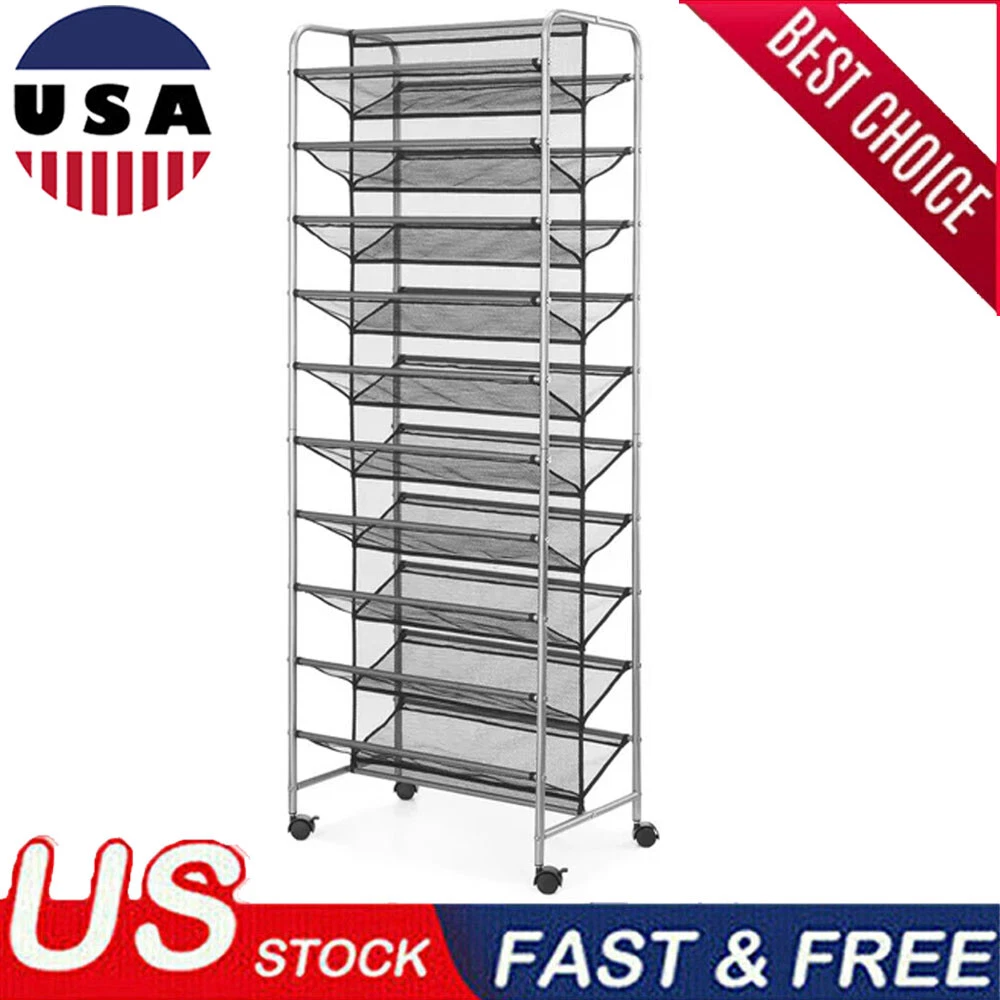 Mainstays 10 Tier 60 Pair Metal and Mesh Rolling Shoe Rack