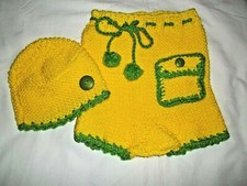 Handmade Yellow/Green Knitted Diaper Cover  Beanie Hat Girl 3-6 M New