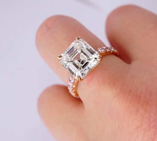 3ct Square Emerald cut Lab Grown Diamond Ring, Pink diamonds in 14K Pink Gold - Picture 4 of 4