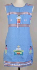 Traditional Guatemalan Embroidered Apron Smock Tie Back Women's XL Blue Cotton