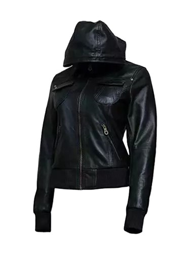 Women's Hooded Leather Bomber Biker Jacket Black 100% Real Lambskin Ladies Coat - Picture 2 of 9