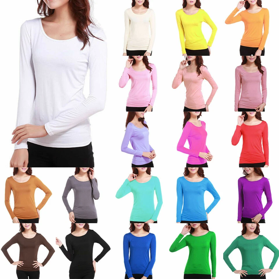 Damen Langarm Kurzarm T-Shirt TShirt Rundhals Bluse Basis Shirt Unifarbe Top