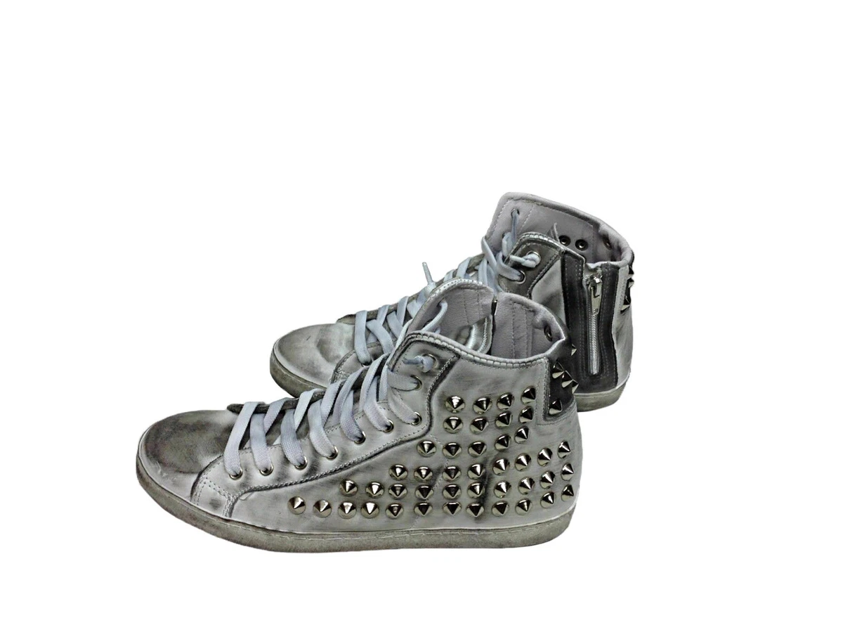 scarpe sneakers alte uomo vera pelle bianco grigio sfumato borchie