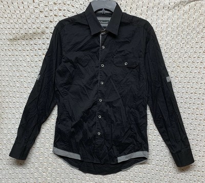 7 Diamonds Shirt Men s Sz S Black Gray Striped Long Sleeve Button Up Roll Tab