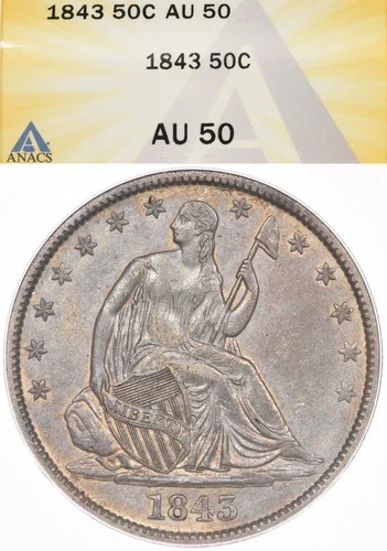 1843 50C ANACS AU50 Liberty Seated Silver Half Dollar Silver