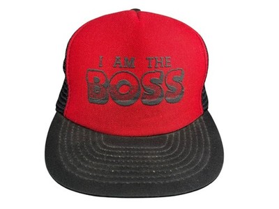 Vtg 80s I AM THE BOSS Red/Black Mesh TRUCKER HAT Work Snapback Mom/Dad Parent