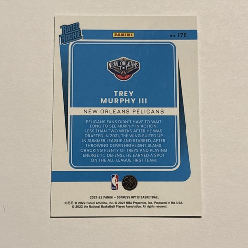 Trey Murphy III 2021-22 Donruss Optic Rookie Card #178 New Orleans Pelicans - Picture 2 of 2