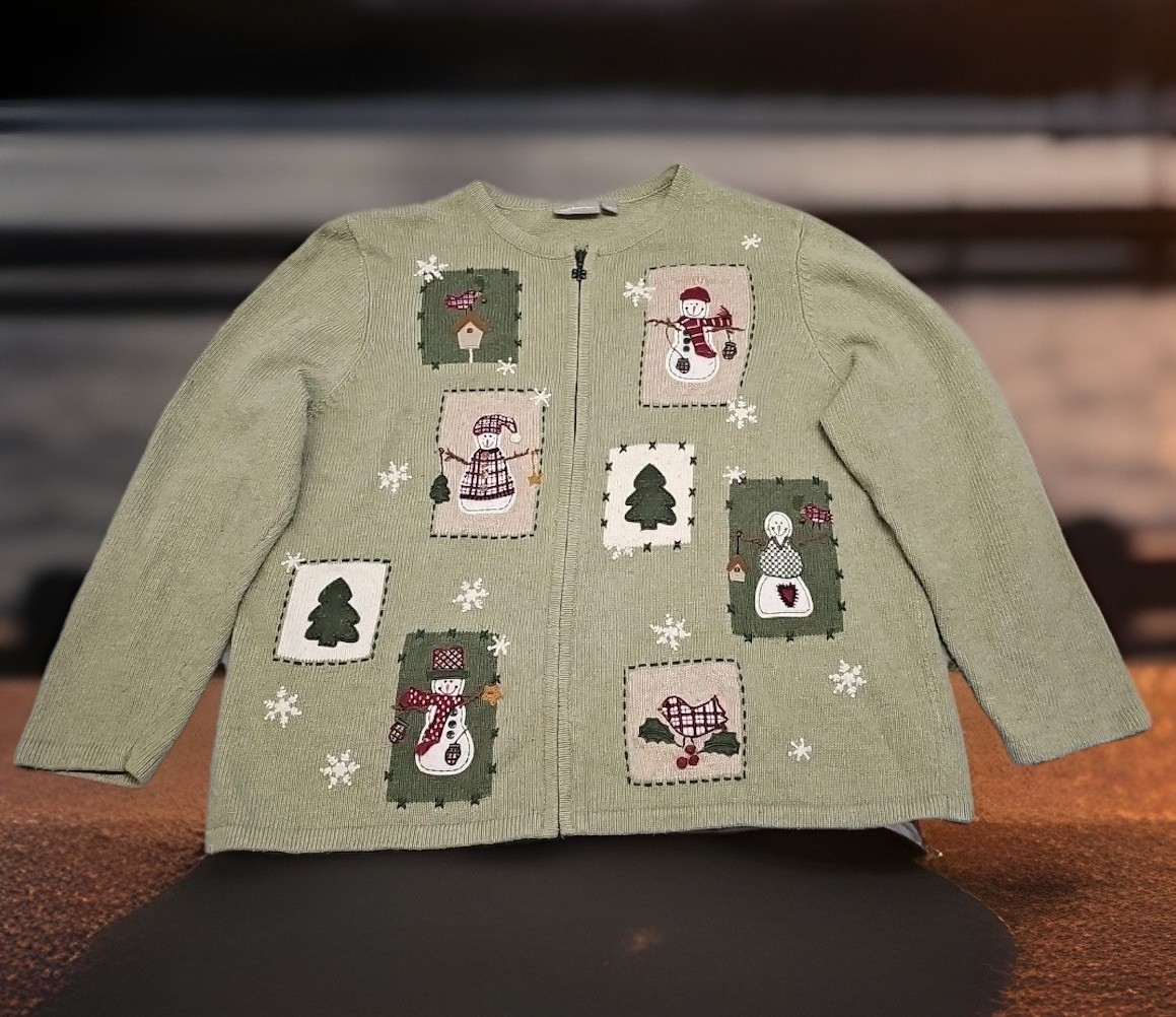 Croft & Barrow Holiday Full Zip Cardigan Size 2XL Green Winter Snowman Cardinal