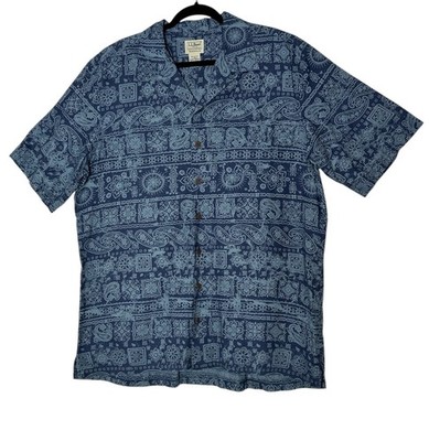 LL Bean Traditional Fit Shirt Men's Large Tall Blue Paisley Floral Short Sleeve