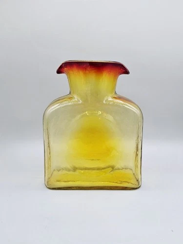 Vintage Blenko Tangerine Amberina Art Glass Double Spout Water Bottle GLOWS