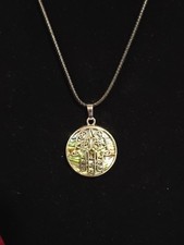 Hamsa Hand Overlay Abalone Shell Round Pendant Necklace 18"L Adjustable Ext