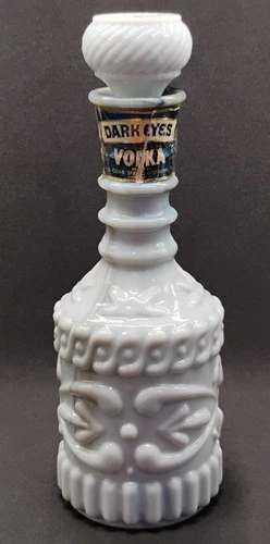 Vintage Dark Eyes Vodka Decanter Bottle w/ Stopper White Slag Milk Glass 1970s