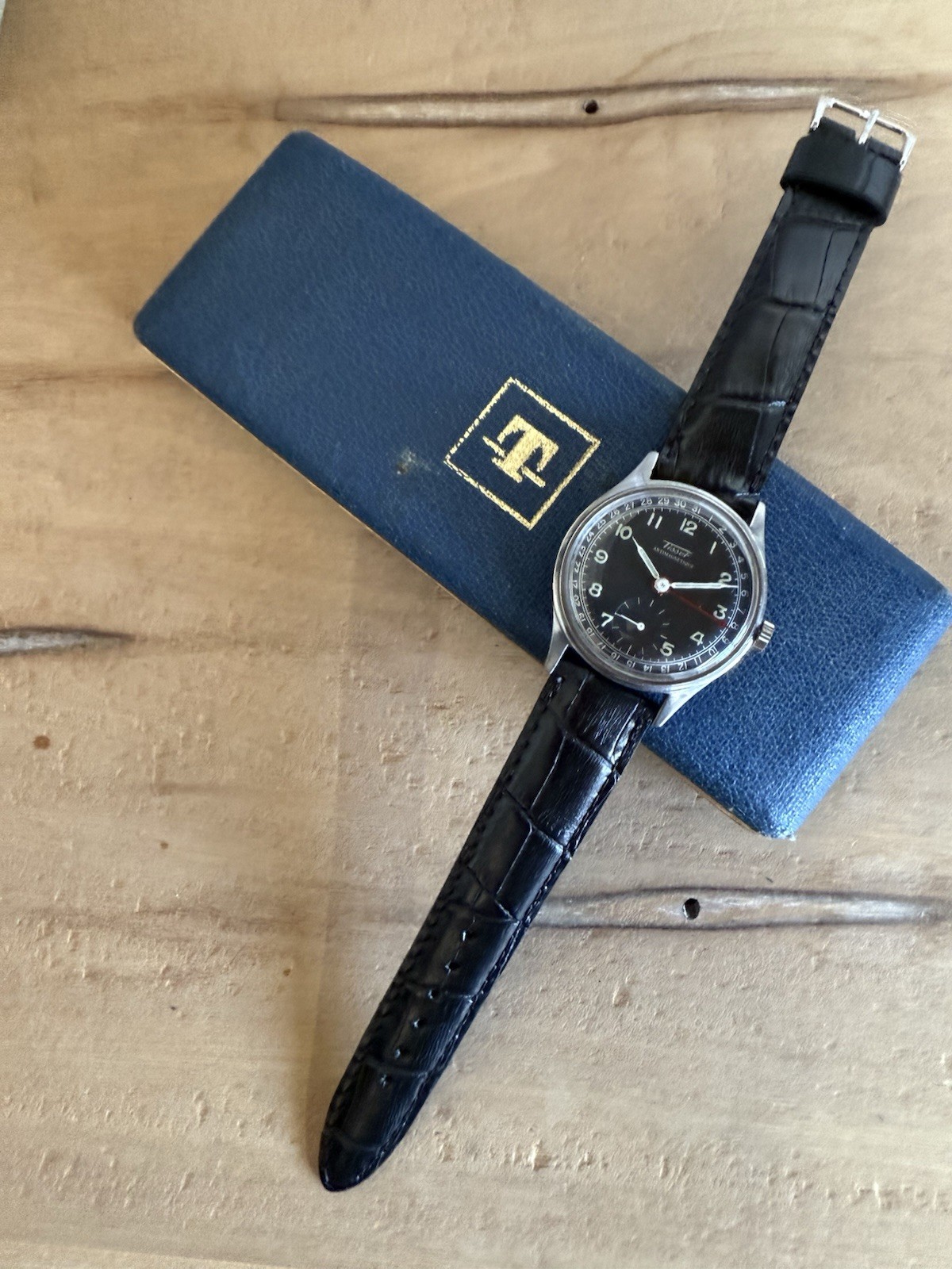 Vintage 1960s Tissot Central Date Black Dial Stainless Steel Watch with Box