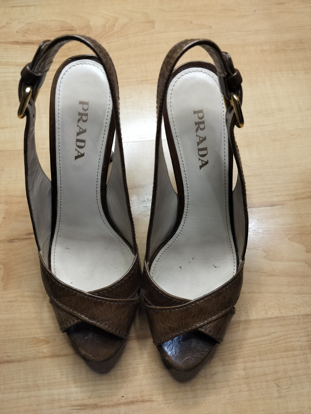 Prada Women's Brown Leather, Open Toe, High Heels Sz 37.5- 7 Usa,