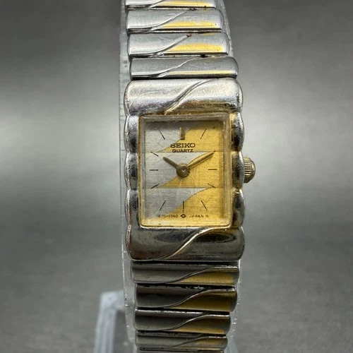 Seiko Tank Watch Women 13mm Silver & Gold Dial Two Tone 1E20-5990 New Battery