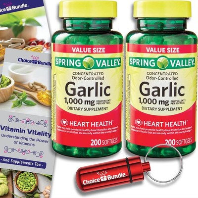Spring Valley Garlic 1000mg 400 Total + Choice Bundle Guide & Keychain Case 2-Pk