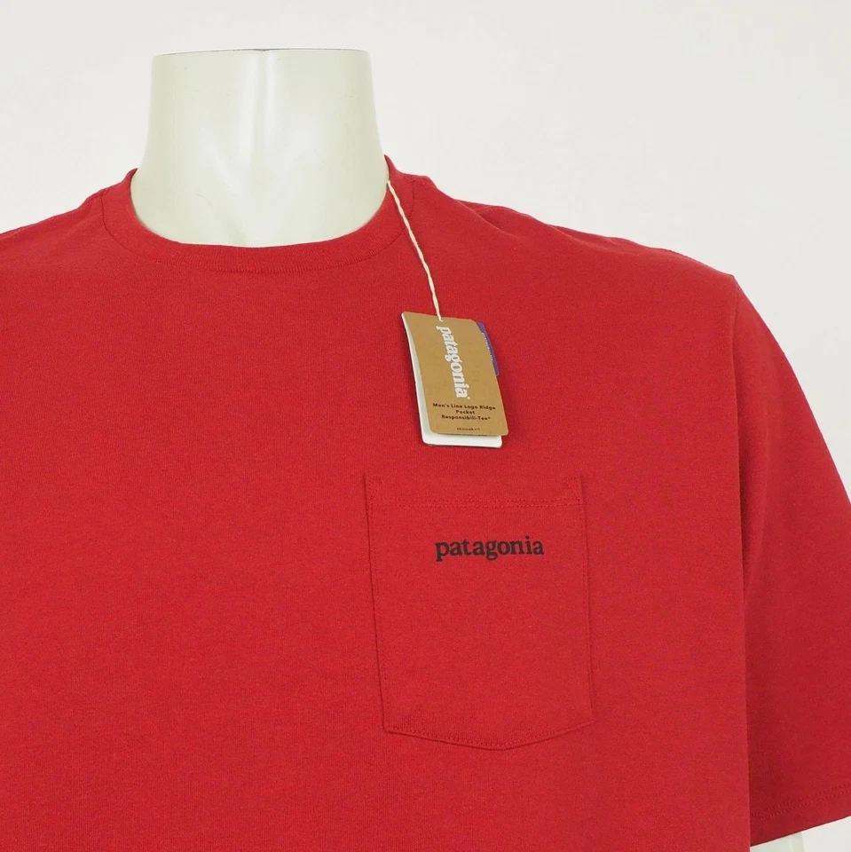 Nueva Camiseta Patagonia Line Logo Ridge Pocket Responsibili Para Hombres Talla XL Rojo Fuego Foto 2 de 4