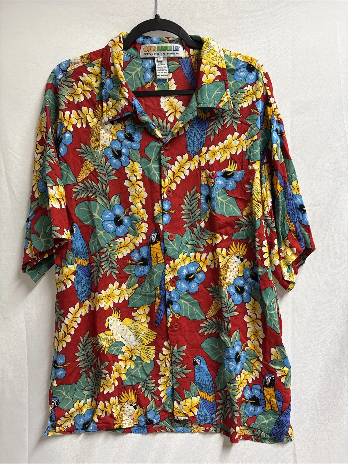 Aloha Hawaii Lei Button Shirt Parrots Flowers Size XL Blue Red Rayon