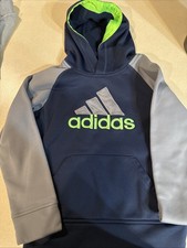 Adidas Boys Size 8 Hoodie Navy Blue/Gray Sleeves, Neon Letters