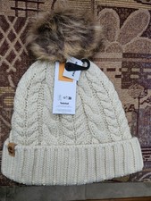Timberland Cable Knit Cuffed Beanie Unisex Fleece Lined Ivory Pom Pom